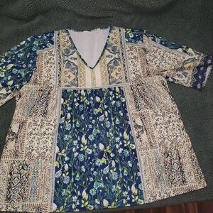 Floral Patchwork V-Neck Blouse Tan And Blue Floral Womens 2x